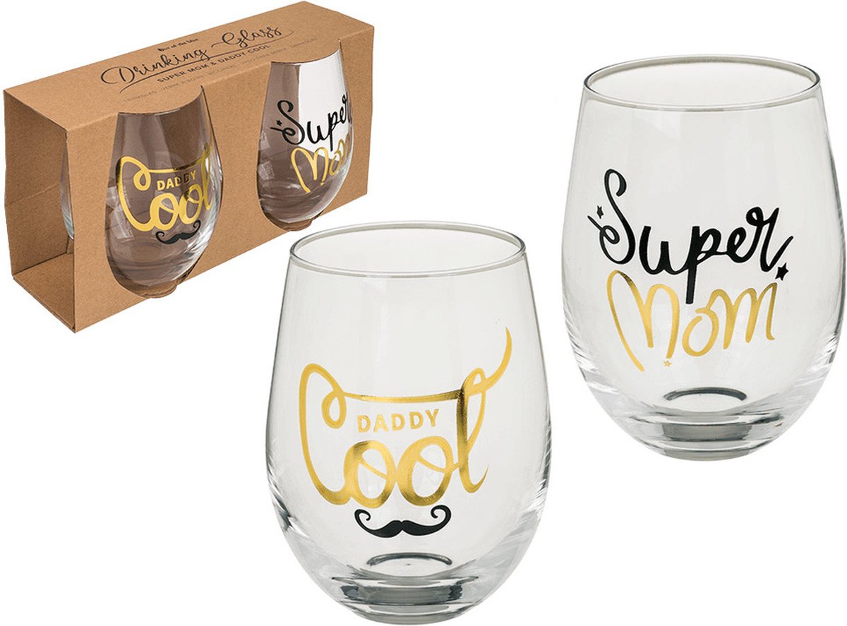 Out of the blue Waterglazen/drinkglazen - 2x - glas - Super Mom & Daddy Cool - 300 ml
