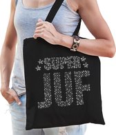Glitter Super Juf katoenen tas zwart met steentjes/ rhinestones voor dames - Lerares cadeau / verjaardag tassen - kado /  tasje / shopper