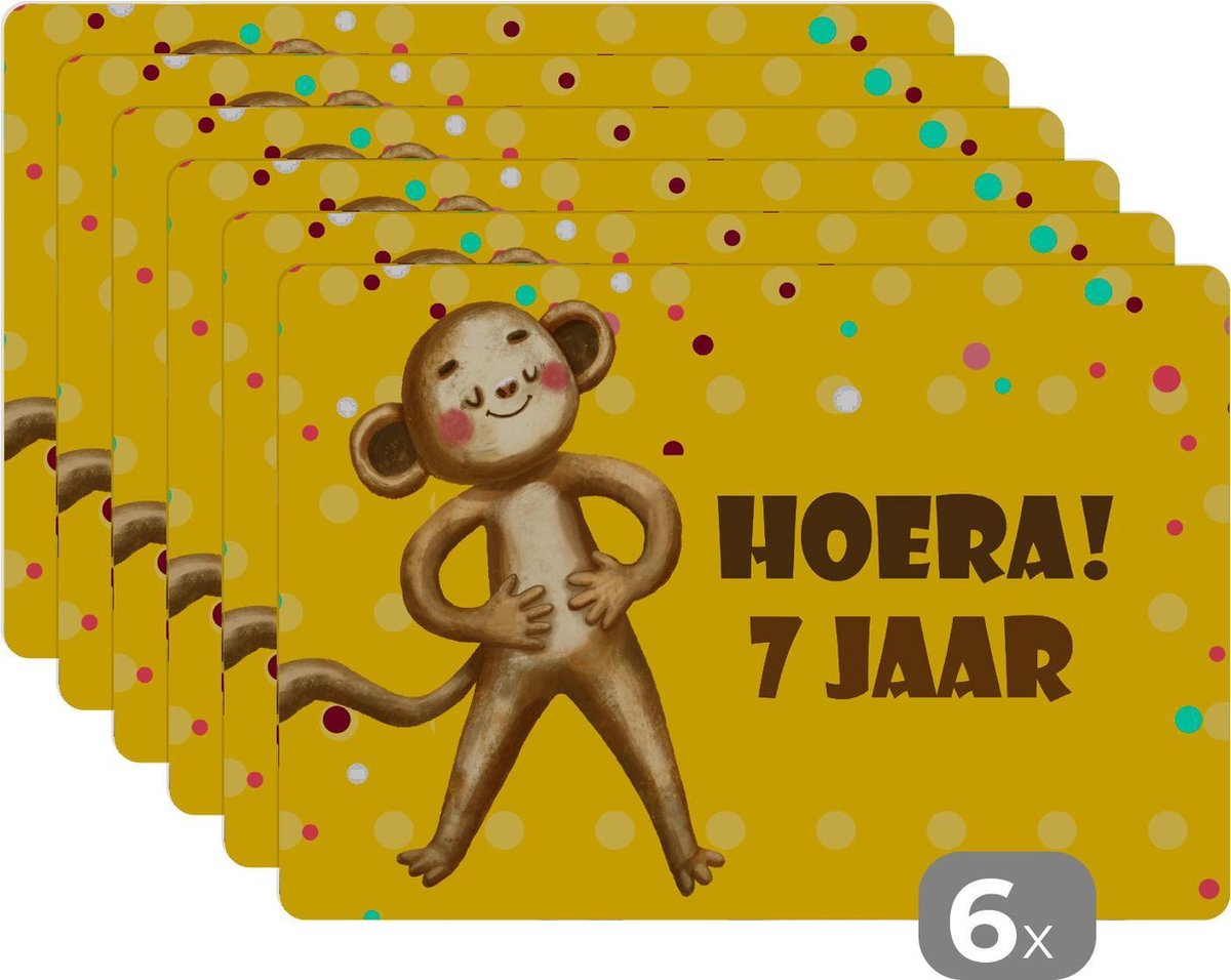 Placemat - Placemats kunststof - Aap - Verjaardag - Dieren - 45x30 cm - 6 stuks - Hittebestendig - Anti-Slip - Onderlegger - Afneembaar