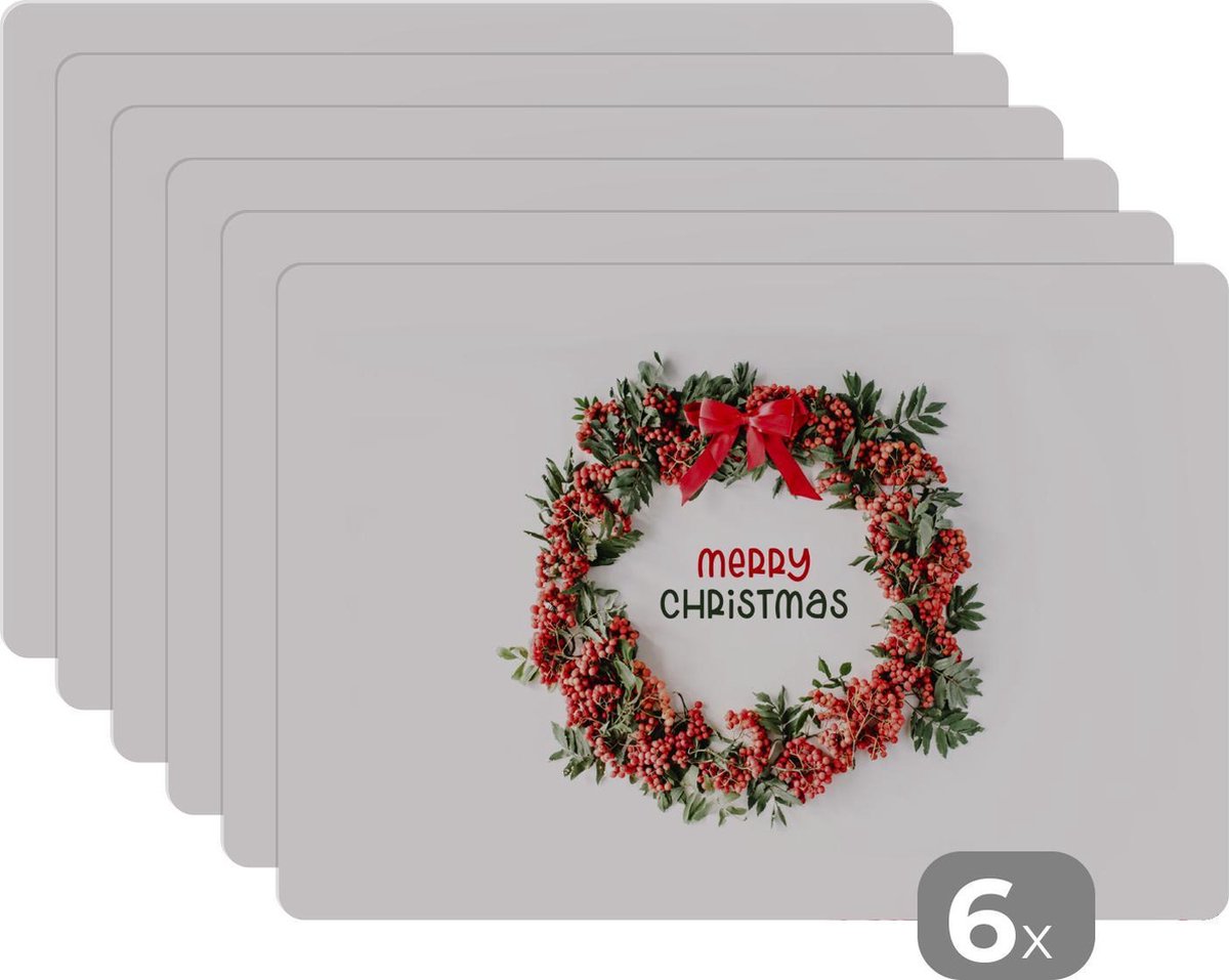 Placemat kerst - Kerstkrans - Winter - Borden onderleggers - 45x30 cm - 6 stuks