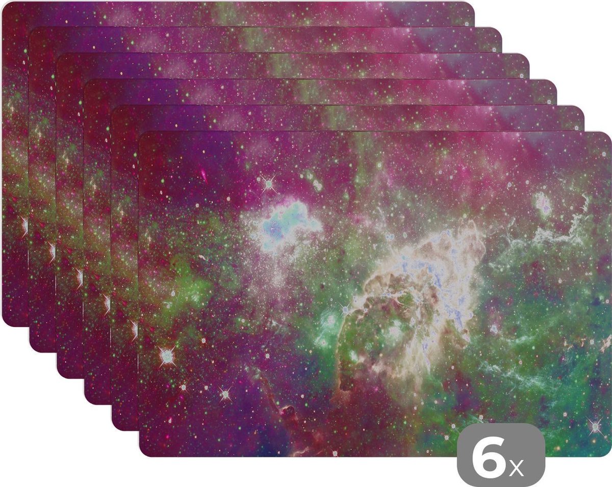 Placemat kinderen - Placemat - Placemats kunststof - Ruimte - Groen - Sterren - 45x30 cm - 6 stuks - Hittebestendig - Anti-Slip - Onderlegger - Afneembaar