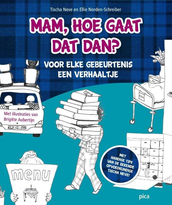 Illustratie van de omslag van 'Mam, hoe gaat dat dan?' met een vrouw die een stapel boeken draagt.
