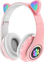 Kinder Hoofdtelefoon-Draadloze Koptelefoon-Kids Headset-Over Ear-Bluetooth-Microfoon-Katten Oorjtes-Led Verlichting-Roze