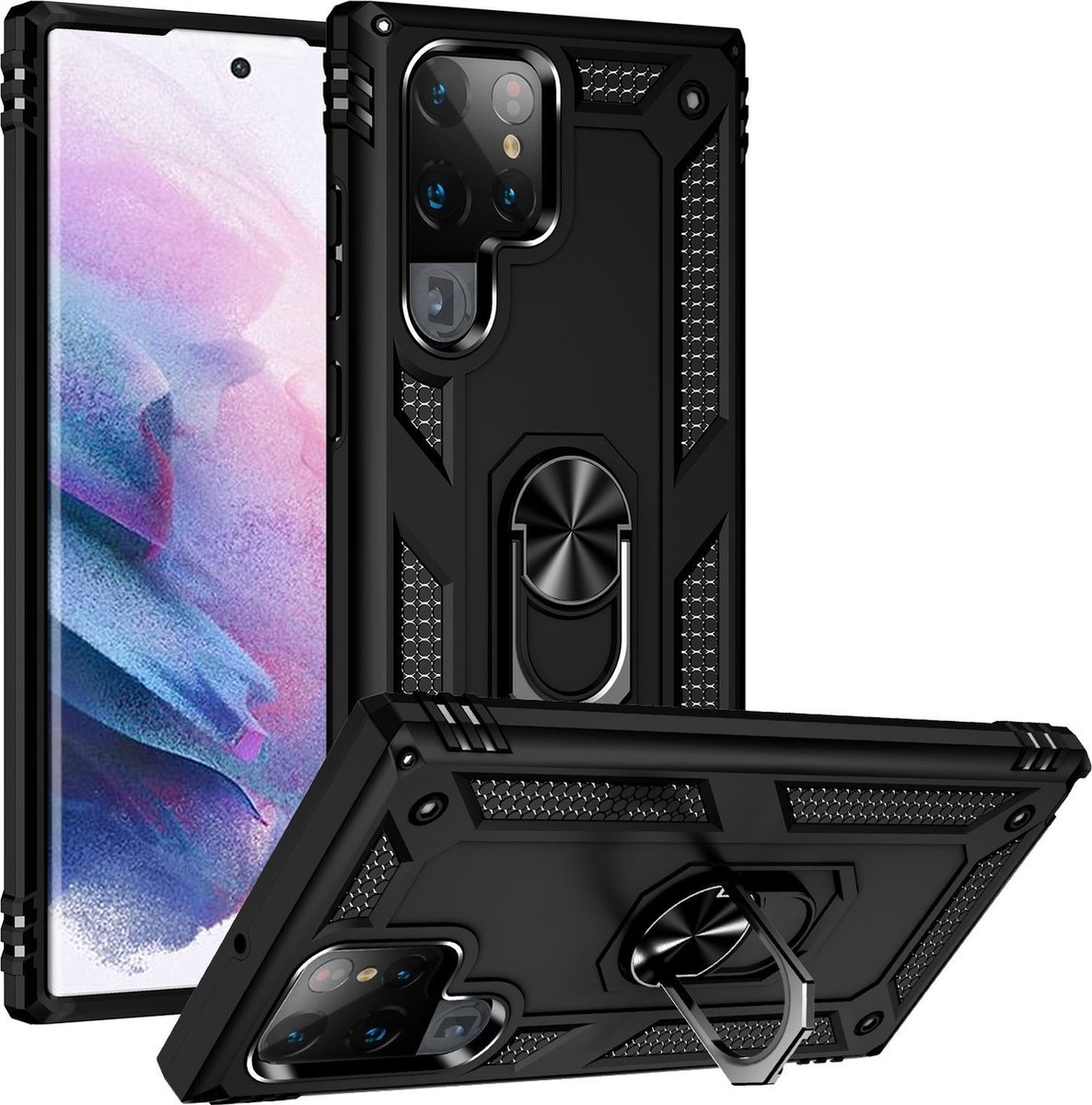 Mobigear Hoesje geschikt voor Samsung Galaxy S22 Ultra Telefoonhoesje Hardcase | Mobigear Armor Ring Backcover Shockproof met Ringhouder | Schokbestendig Galaxy S22 Ultra Telefoonhoesje | Anti Shock Proof - Zwart