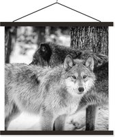 Posterhanger incl. Poster 120x120 cm - Schoolplaat - Groep wolven in zwart-wit - Textielposter - Zwarte latten