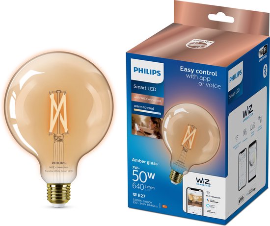 Philips Globe filament ambre 7 W (éq. 50 W) G125 E27, Ampoule intelligente, Or, Translucide, LED, E27, Blanc, 2000 K