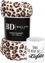 Cadeau oma set - Fleece plaid/deken luipaard print met Oma jij bent de liefste mok - Oma ontspanning cadeau kerst, Sint, verjaardag