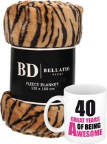 Cadeau verjaardag 40 jaar vrouw - Fleece plaid/deken tijger print met 40 great years awesome mok