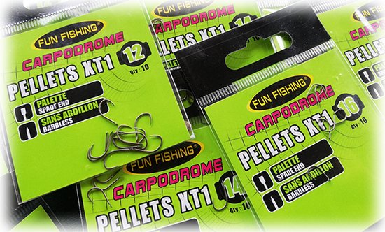 Emballage de hameçons Fun Fishing Carpodrome Pellets XT1, tailles 12 et 16. Tige à œillet et sans ardillon.