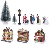 Kerstdorpen bouwen kersthuisjes winkels, kerstbomen en figuren 17dlg - Met verlichting - Kerstversieringen/kerstdecoraties