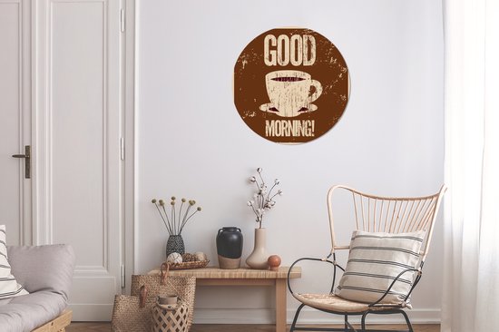 WallCircle - Muurstickers - Behangcirkel - Koffie - Good morning! - Retro - Spreuken - Quotes - 80x80 cm - Muurcirkel - Zelfklevend - Ronde Behangsticker