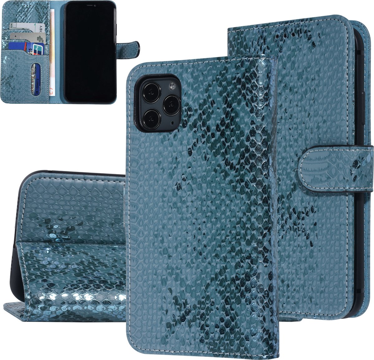 UNIQ Accessory iPhone 11 Pro Max Slangenleer Booktype hoesje - Pasjeshouder voor 3 pasjes - Turquoise