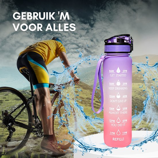 LaCardia Motivatie Waterfles 1 Liter - Drinkfles met Fruitfilter & Tijdmarkering - BPA vrij - Drinkbus Voor Kinderen en Volwassenen - Sportfles & Travel mug - Paars Oranje