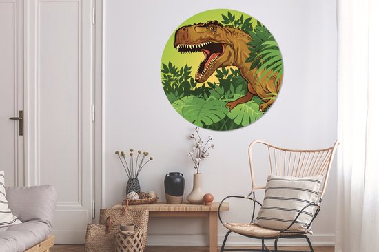 WallCircle - Muurstickers - Behangcirkel - Dinosaurus - Planten - Bruin - Illustratie - Kinderen - Jongens - Baby - Jongen - ⌀ 120 cm - Muurcirkel - Zelfklevend - Ronde Behangsticker XXL