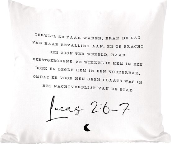 Sierkussens - Kussentjes Woonkamer - 50x50 cm - Kerstverhaal - Lucas 2:6-7 - Quotes - Spreuken - Kerst - Kerstversiering - Kerstdecoratie voor binnen - Woonkamer