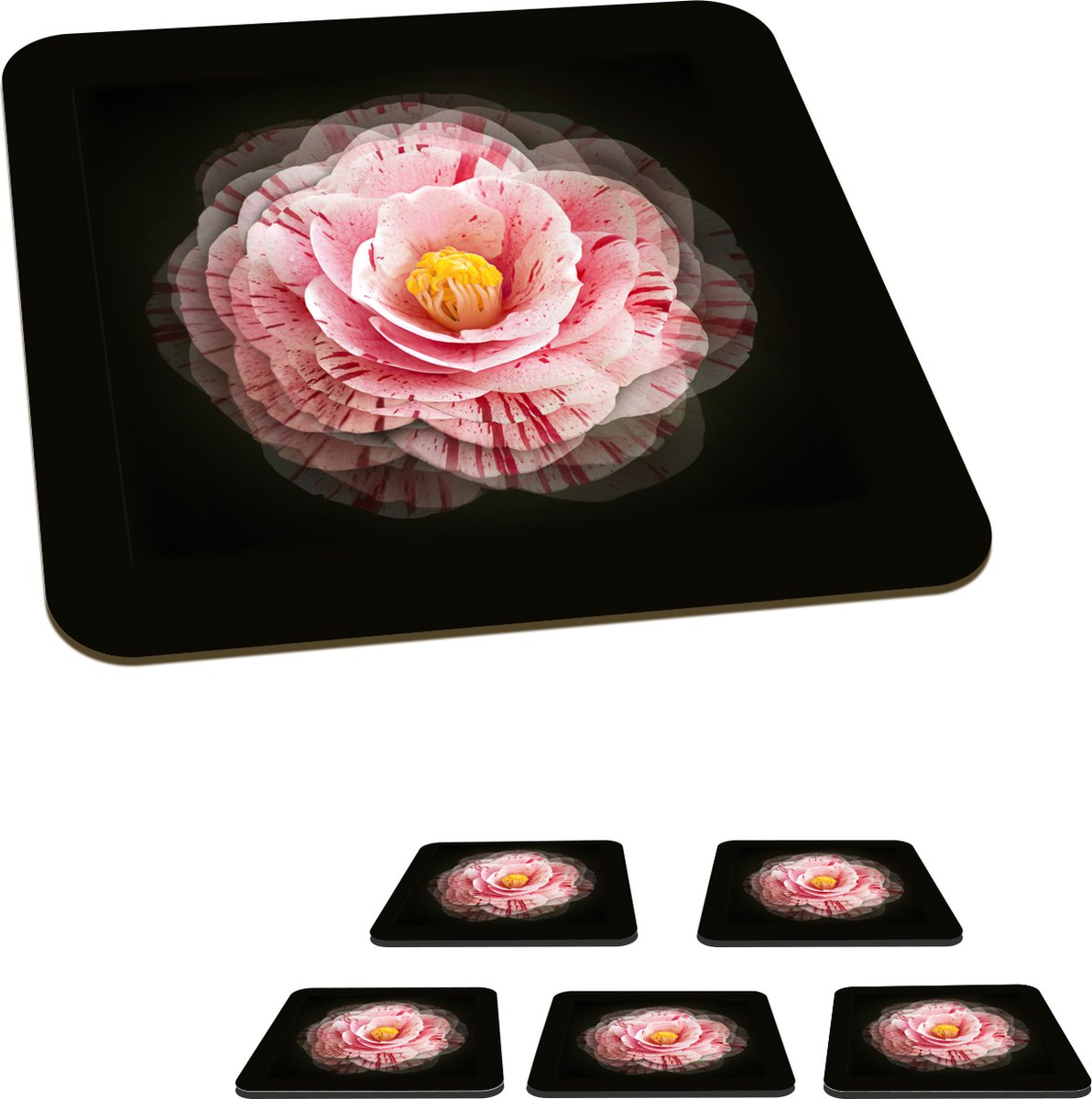 Onderzetters voor glazen - Bloem - Camelia - Roze - 10x10 cm - Glasonderzetters - 6 stuks