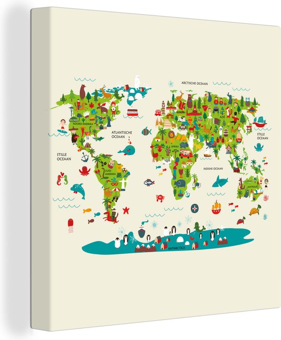 Canvas Wereldkaart - 20x20 - Wanddecoratie Wereldkaart Kinderen - Kleuren - Atlas