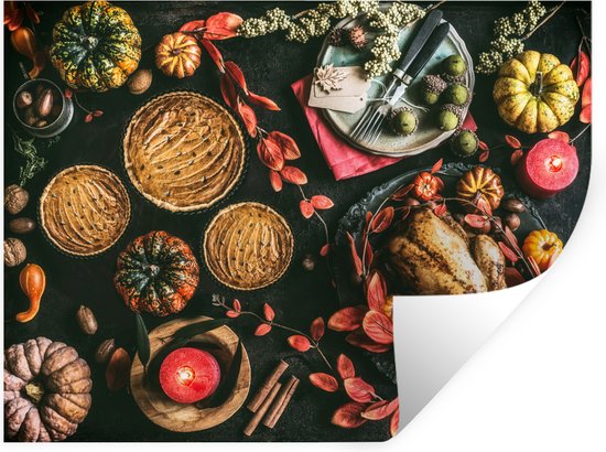 Muurstickers - Sticker Folie - Bovenaanzicht van het eten tijdens Thanksgiving - 120x90 cm - Plakfolie - Muurstickers Kinderkamer - Zelfklevend Behang - Zelfklevend behangpapier - Stickerfolie