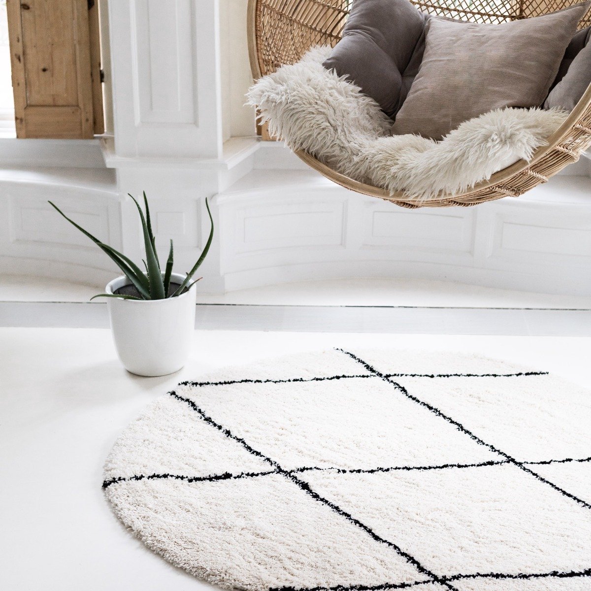 Berber Rond vloerkleed hoogpolig Wit/Zwart - scandinavisch - nea - Rond 240 Ø - (XXL)