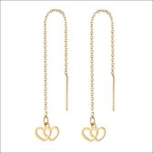 Aramat jewels ® - Doortrek oorbellen met kettinkje dubbele hartjes goudkleurig staal 9cm