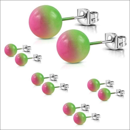 Aramat jewels ® - Bolletjes oorstekers groen roze geel acryl staal 8mm
