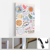 Voedsel, groenten en fruit. Vectorillustraties: gerechten, kiwi, broccoli, pompoen, aubergine, avocado, peer, tomaat, theepot, stilleven op tafel, enz. - Modern Art Canvas - Vertic