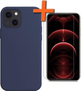 iPhone 13 Hoesje Siliconen Case Met Screenprotector Met Dichte Notch - iPhone 13 Hoes Siliconen Cover Met Beschermglas - Donkerblauw
