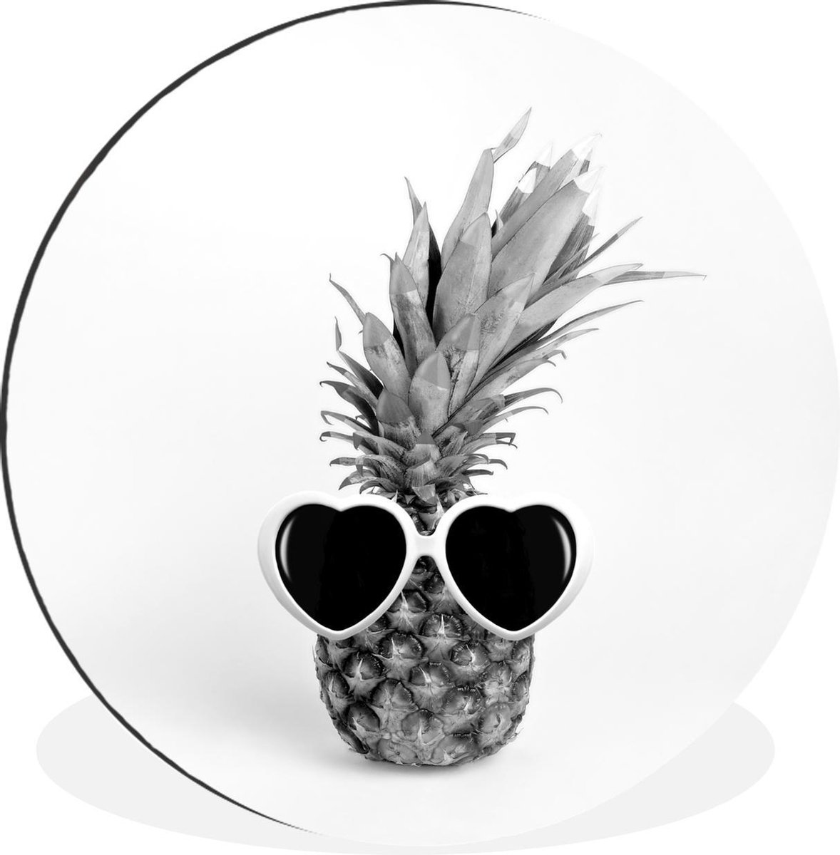 WallCircle - Wandcirkel - Muurcirkel - Een ananas met een zonnebril - zwart wit - Aluminium - Dibond - 120x120 cm - Binnen en Buiten XXL