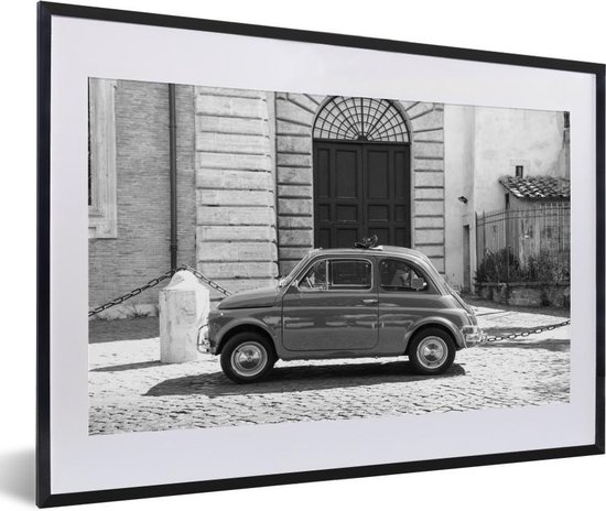 Fotolijst incl. Poster Zwart Wit- Vintage auto in de straten van Rome - zwart wit - 60x40 cm - Posterlijst - Kerstversiering - Kerstdecoratie voor binnen - Kerstmis
