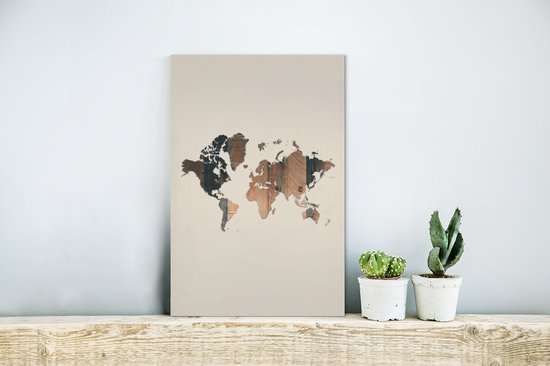 Décoration murale Métal - Peinture Aluminium - Wereldkaart - Planche de Bois - Marron - 20x30 cm