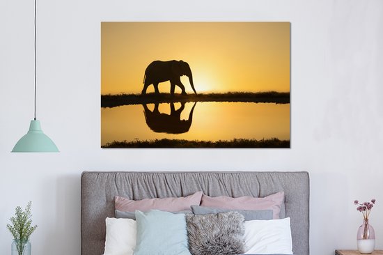 Wanddecoratie Metaal - Aluminium Schilderij Industrieel - Silhouet van een olifant bij zonsondergang - 150x100 cm - Dibond - Foto op aluminium - Industriële muurdecoratie - Voor de woonkamer/slaapkamer