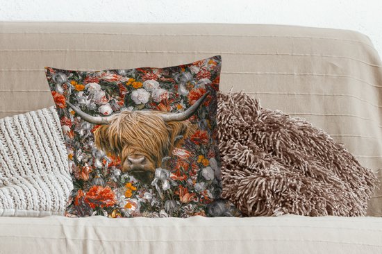 Coussins décoratifs - Oreillers Salon - 50x50 cm - Highlander écossais - Fleurs - Oranje