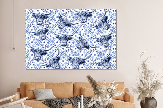 Wanddecoratie Metaal - Aluminium Schilderij Industrieel - Schotse hooglander - Delfts blauw - Patroon - 150x100 cm - Dibond - Foto op aluminium - Industriële muurdecoratie - Voor de woonkamer/slaapkamer
