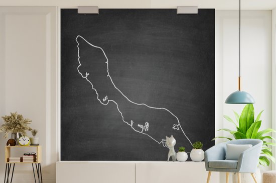 Behang - Fotobehang Een zwart wit illustratie van Curaçao op een krijtbord - Breedte 300 cm x hoogte 300 cm