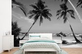 Behang - Fotobehang Palmbomen en ligstoelen op het strand van Boracay - zwart wit - Breedte 360 cm x hoogte 240 cm