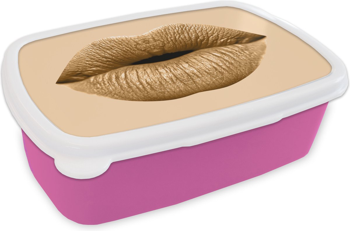 Broodtrommel Roze - Lunchbox - Brooddoos - Lippen - Pastel - Bruin - 18x12x6 cm - Kinderen - Meisje