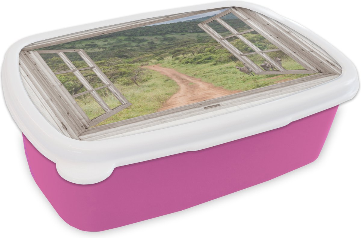 Broodtrommel Roze - Lunchbox - Brooddoos - Doorkijk - Zebra - Afrika - 18x12x6 cm - Kinderen - Meisje