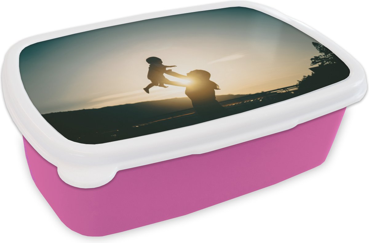 Broodtrommel Roze - Lunchbox - Brooddoos - Silhouet mama met kind - 18x12x6 cm - Kinderen - Meisje
