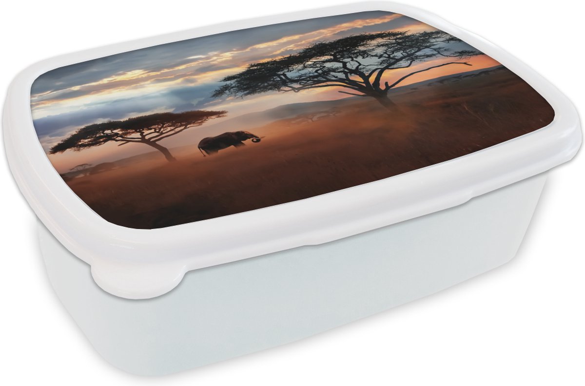 Broodtrommel Wit - Lunchbox - Brooddoos - Olifant - Boom - Berg - Afrika - 18x12x6 cm - Volwassenen