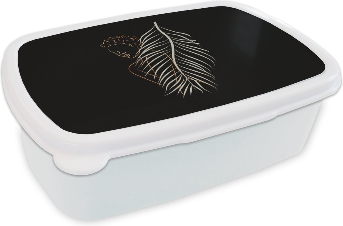 Broodtrommel Wit - Lunchbox - Brooddoos - Vrouw - Veer - Line art - 18x12x6 cm - Volwassenen