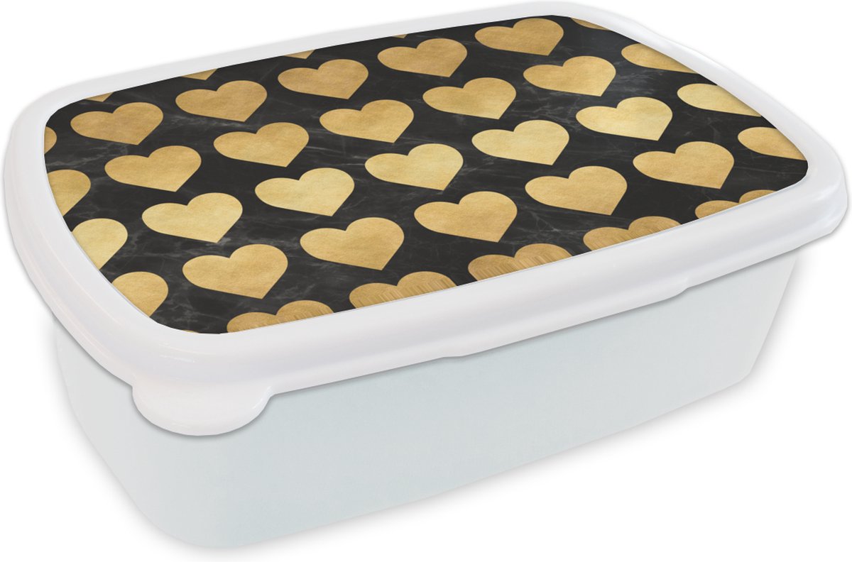 Broodtrommel Wit - Lunchbox - Brooddoos - Patronen - Hart - Goud - Zwart - 18x12x6 cm - Volwassenen
