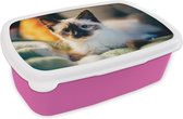 Broodtrommel Roze - Lunchbox - Brooddoos - Kat - Vacht - Zwart - 18x12x6 cm - Kinderen - Meisje