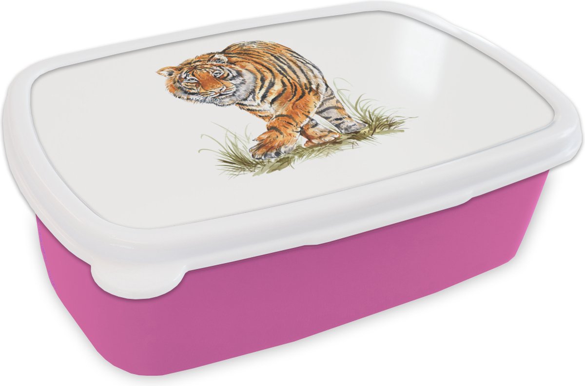 Broodtrommel Roze - Lunchbox - Brooddoos - Tijger - Poten - Wit - 18x12x6 cm - Kinderen - Meisje