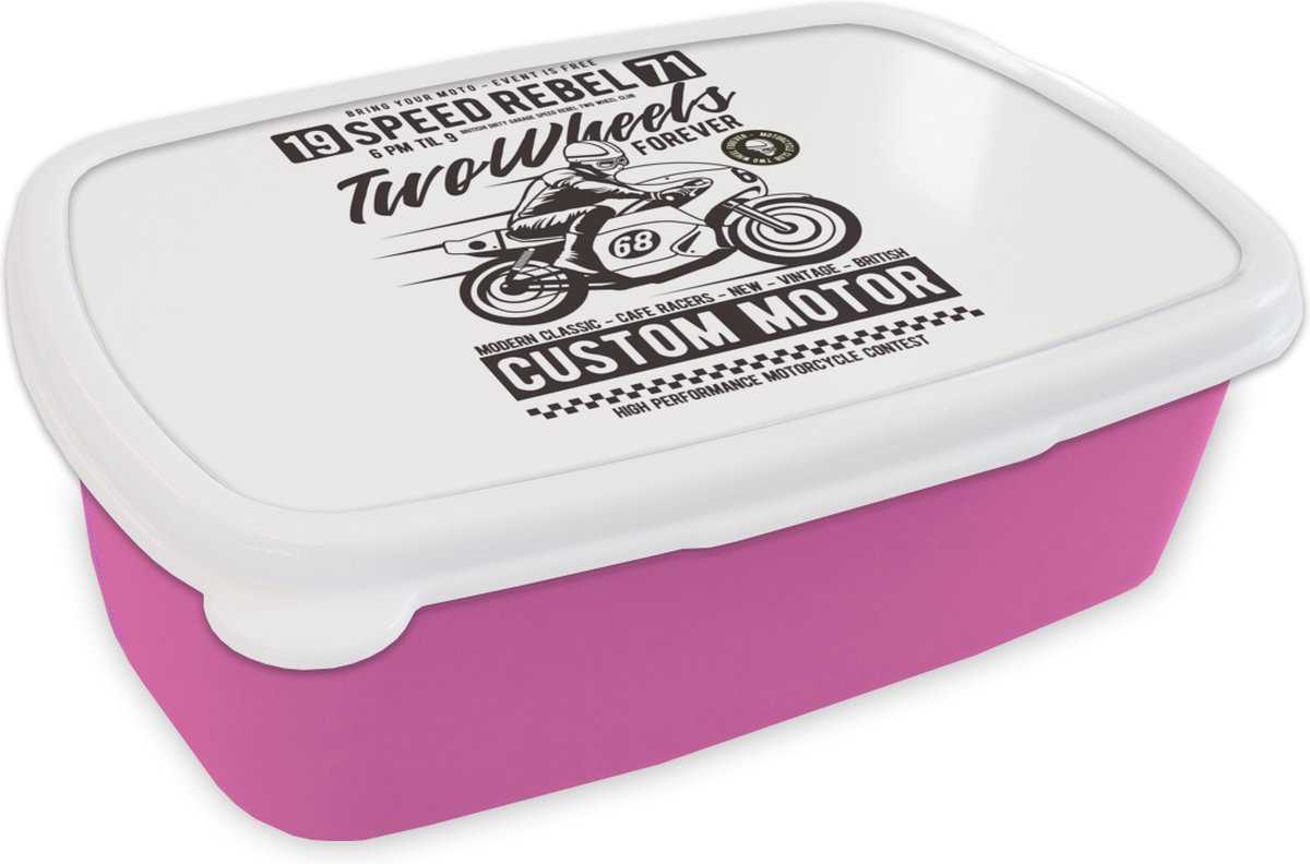 Broodtrommel Roze - Lunchbox - Brooddoos - Motor - Man - Helm - Vintage - 18x12x6 cm - Kinderen - Meisje