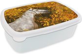 Broodtrommel Wit - Lunchbox Paard - Bladeren - Herfst - Brooddoos 18x12x6 cm - Brood lunch box - Broodtrommels voor kinderen en volwassenen