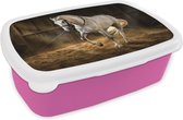 Broodtrommel Roze - Lunchbox Paard - Licht - Hooi - Stal - Brooddoos 18x12x6 cm - Brood lunch box - Broodtrommels voor kinderen en volwassenen