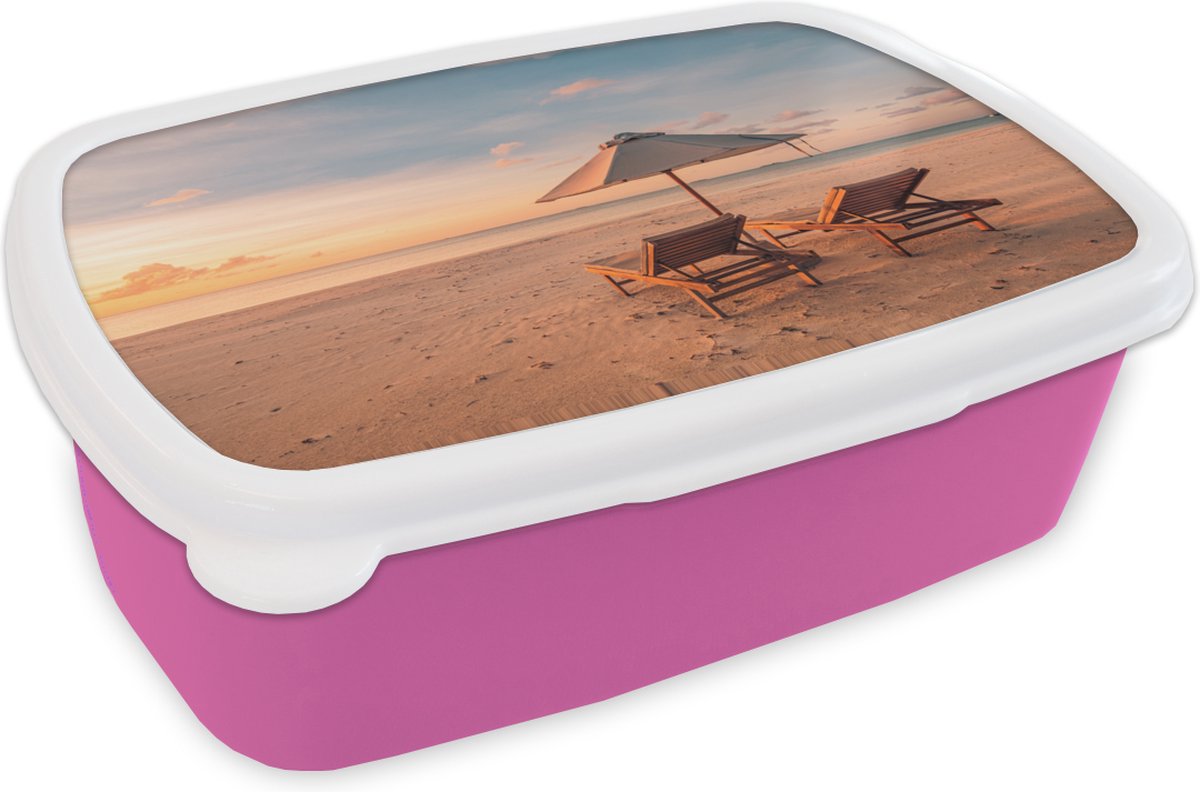 Broodtrommel Roze - Lunchbox - Brooddoos - Strand - Ligbed - Parasol - 18x12x6 cm - Kinderen - Meisje