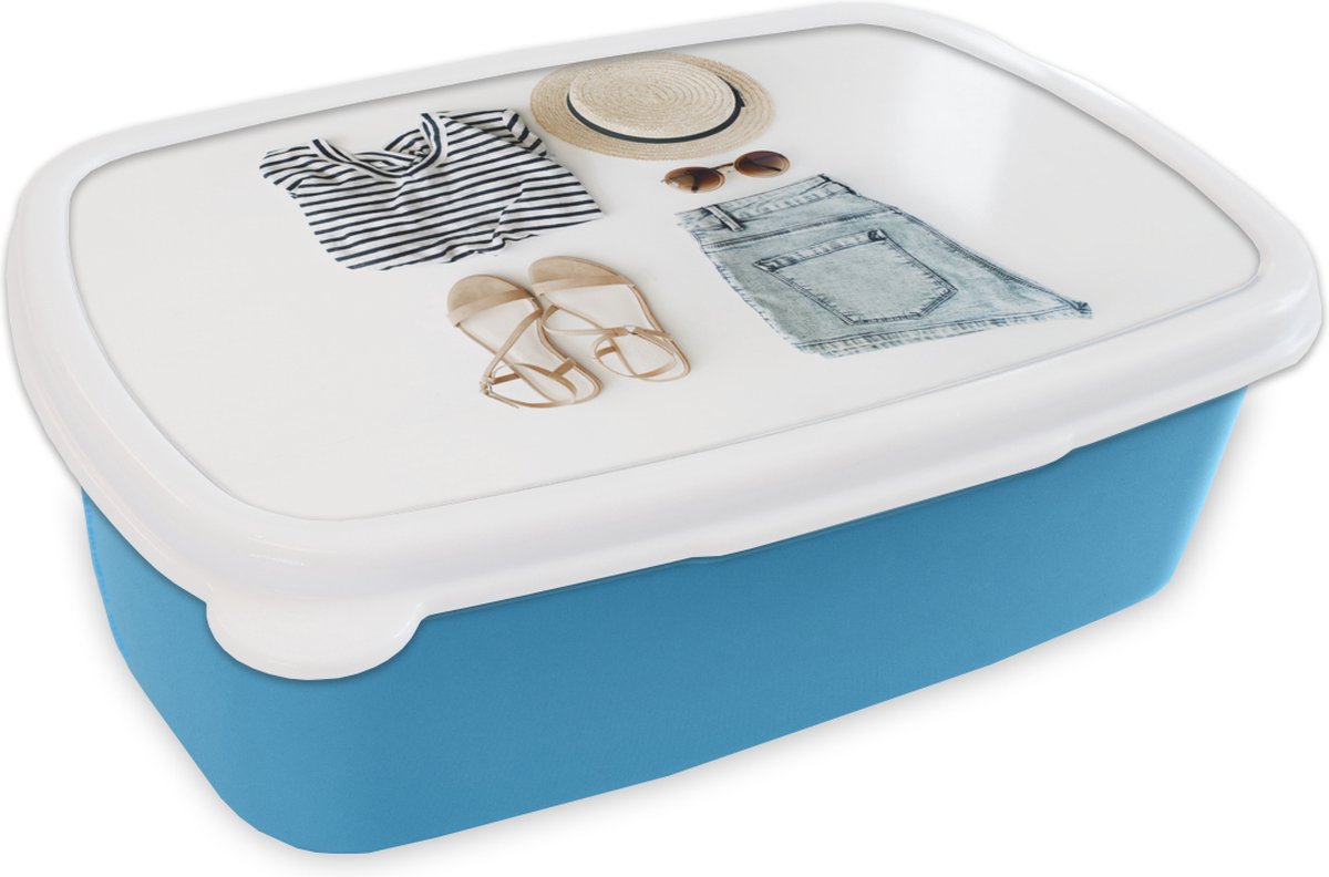 Broodtrommel Blauw - Lunchbox - Brooddoos - Tropisch - Kleding - Hoed - 18x12x6 cm - Kinderen - Jongen