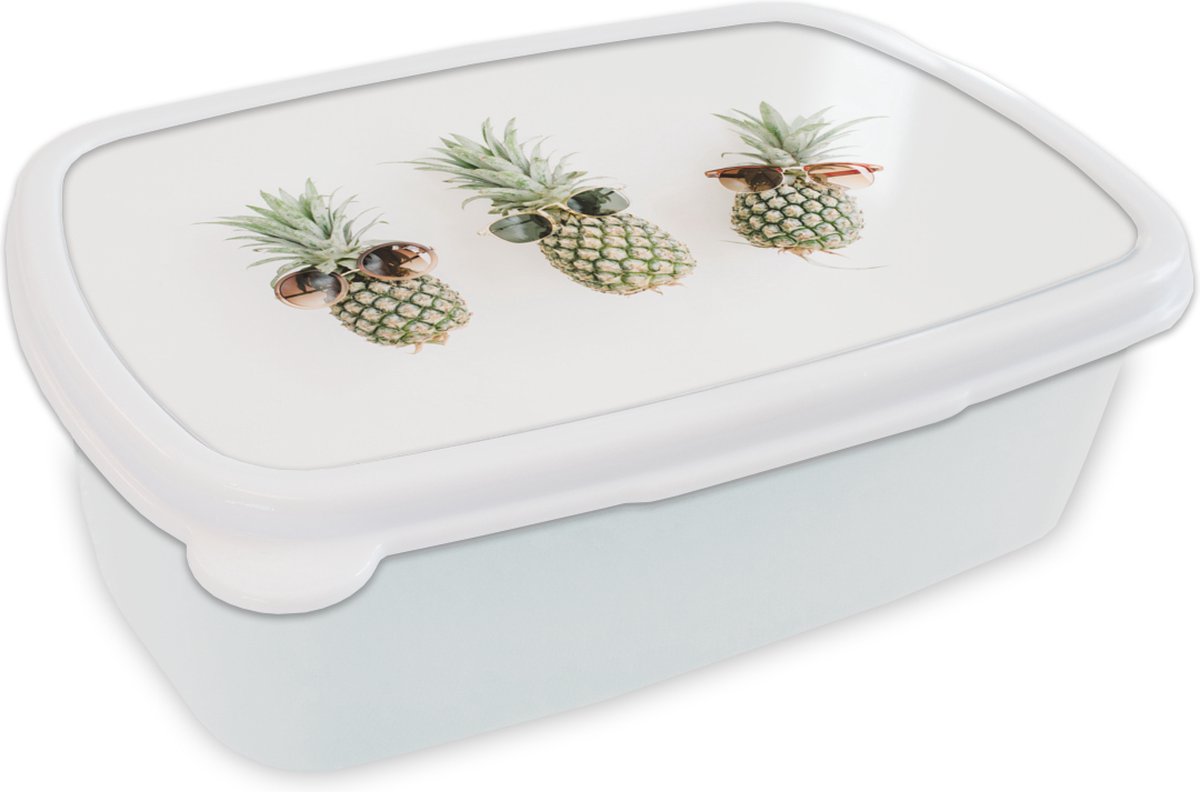 Broodtrommel Wit - Lunchbox - Brooddoos - Ananas - Tropisch - Zonnebril - 18x12x6 cm - Volwassenen