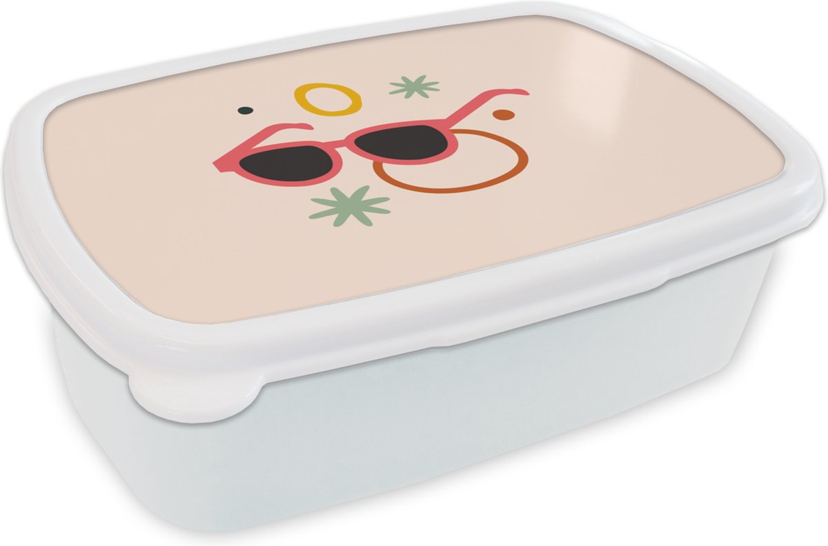 Broodtrommel Wit - Lunchbox - Brooddoos - Zonnebril - Figuren - Pastel - 18x12x6 cm - Volwassenen
